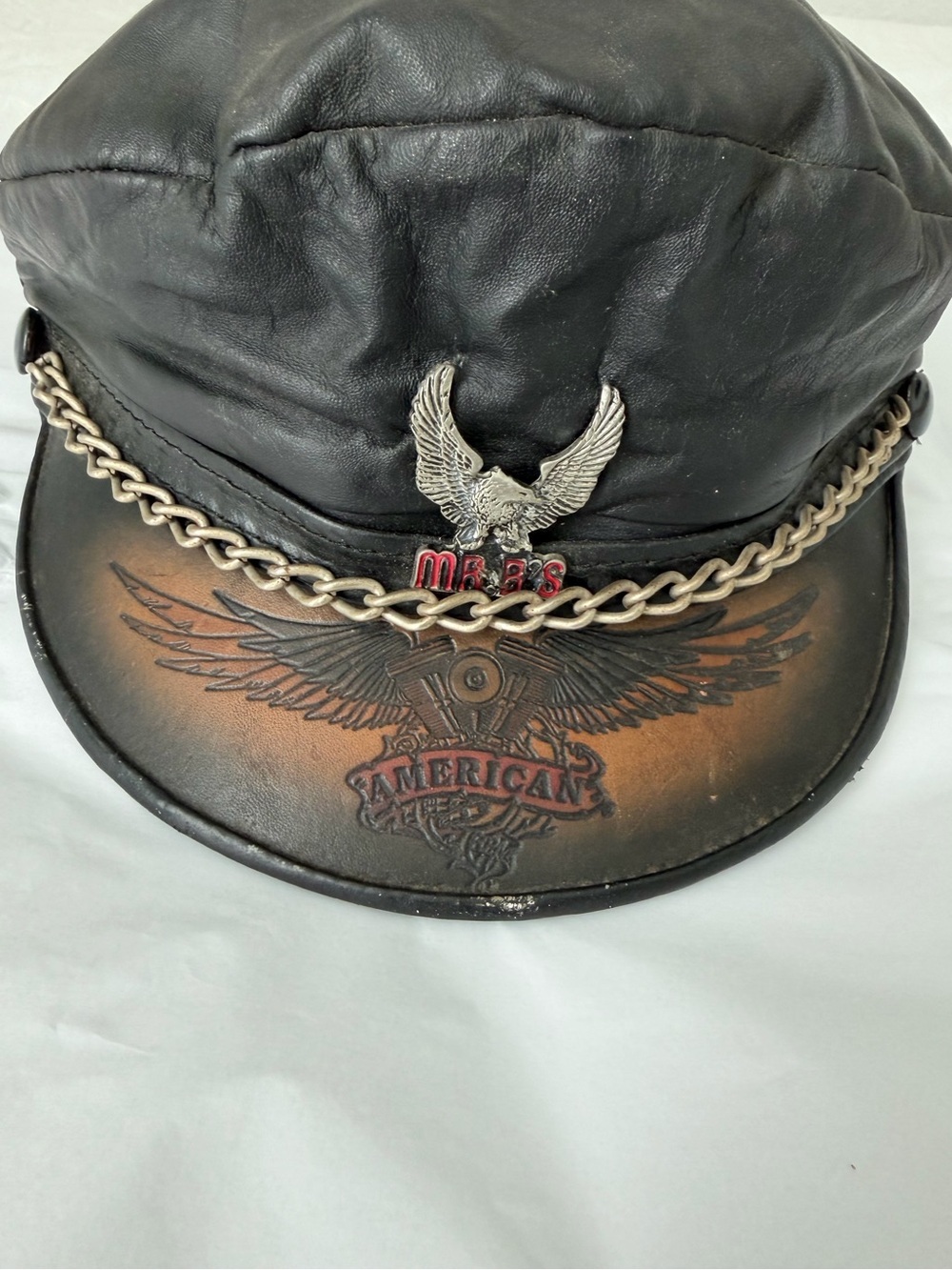 Vintage 90s Leather Biker Captain Hat USA Eagle Chain Moto Rocker Y2K Americana - Picture 12 of 16